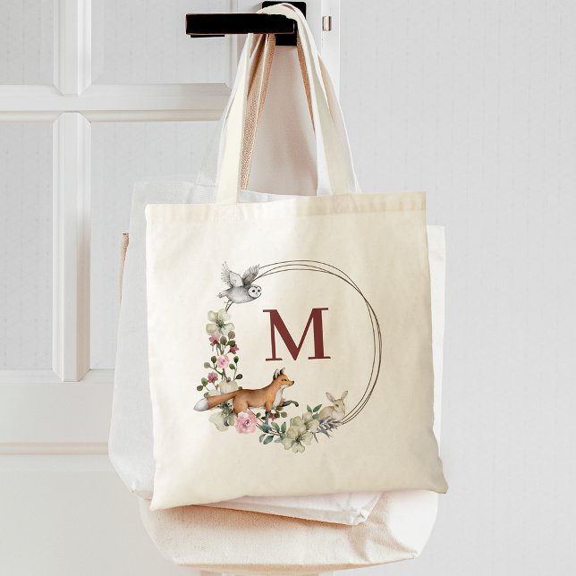 Bolsa Tote Animais Florais da Floresta Rústica Monograma de D (Rustic Forest Animals Floral Bridesmaid Monogram Tote Bag)