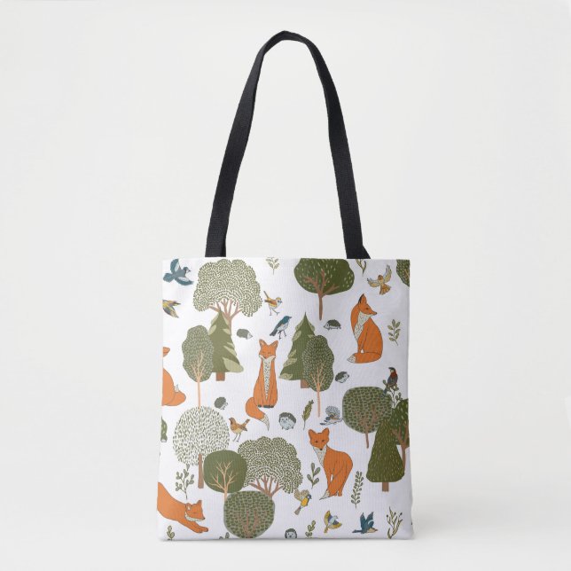 Bolsa Tote Animais florestais: raposas, padrões de aves (Frente)