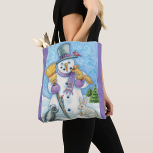 Bolsa Tote Animais Fofos Construindo um Boneco de Neve para o