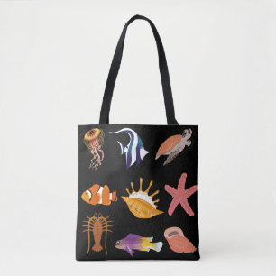 Bolsa Tote Animais marinhos: peixe, tartaruga, concha, medusa