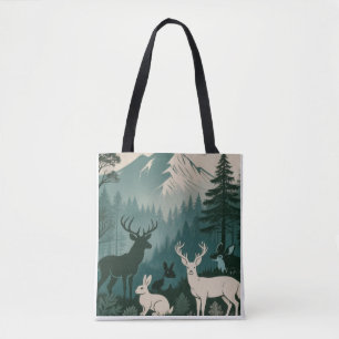 Bolsa Tote Animais Selvagens de Madeira Rústica Cena de Cervo
