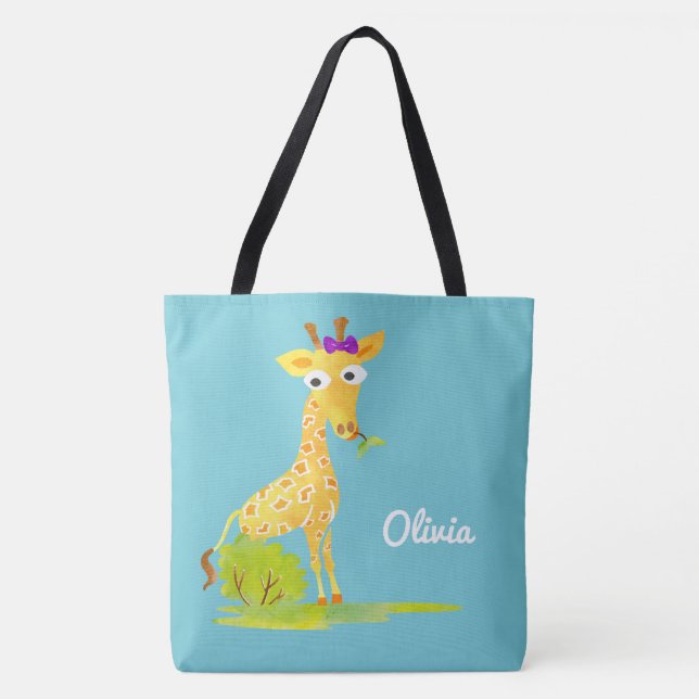 Bolsa Tote Animal azul personalizado girafa da aguarela das (Frente)