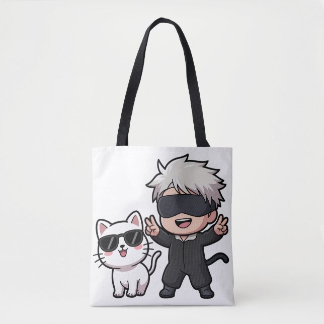 Bolsa Tote Anime Caráter e Camiseta de Gato Azul (Frente)