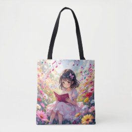 Bolsa Tote Anime Girl Reading in Flowers and Musical Notes