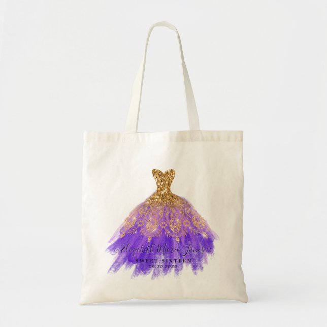 Bolsa Tote Aniversário do Vestido Glitter Dourado Glam Purple (Frente)