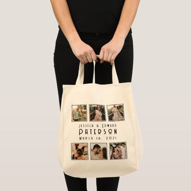 Bolsa Tote Aniversário moderno do Casal de Colagem de Fotos E (Frente (produto))