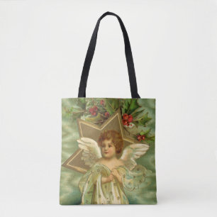 Bolsa Tote Anjo de Natal Vitoriano com Estrela Dourada Vintag