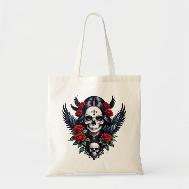 Bolsa Tote Anjo do Crânio de Açúcar com Rosas. (Frente)