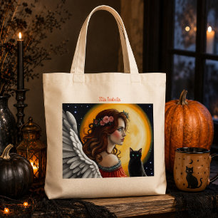 Bolsa Tote Anjo Gótico Personalizado Gato Preto Lua Cheia Hal