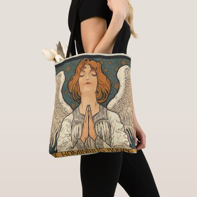 Bolsa Tote Anjo Religioso Antigo Rezando com Estrelas Dourada (Close Up)