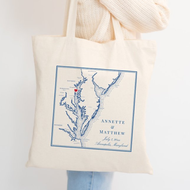 Bolsa Tote Annapolis Maryland Chesapeake Bay Wedding Bem-vind (Custom Annapolis Maryland wedding tote bag with navy blue map of Chesapeake Bay)