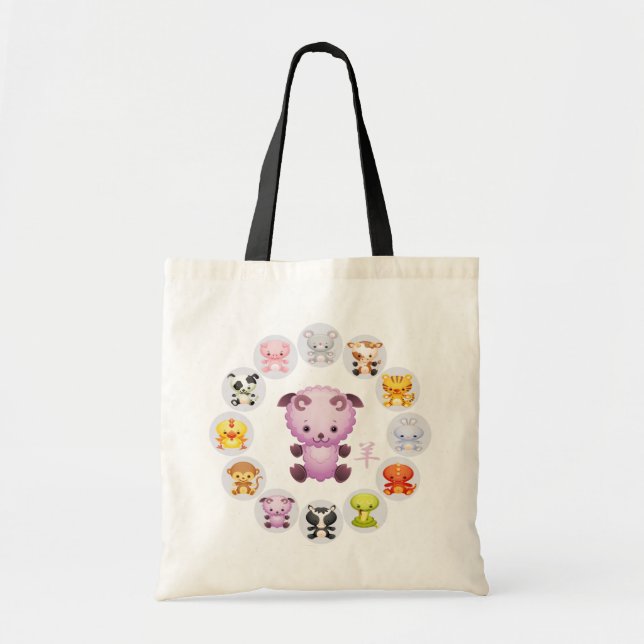 Bolsa Tote Ano chinês do zodíaco da cabra redonda (Frente)