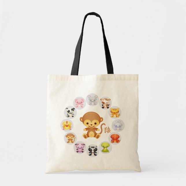 Bolsa Tote Ano chinês do zodíaco do macaco redondo (Frente)