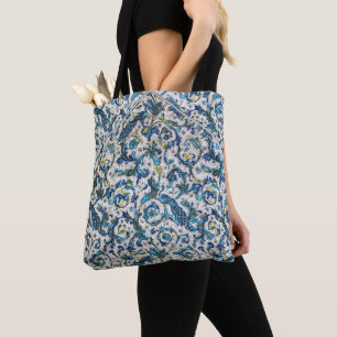 BOLSA TOTE ANTIGO FLORENTINO AZUL TEAL FLORAL,PAVÕES,PÁSSAROS