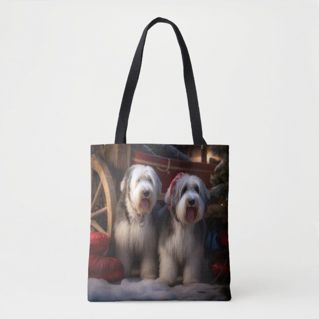 Bolsa Tote Antigo pastor Inglês Snowy Sleigh Decência de Nata (Frente)