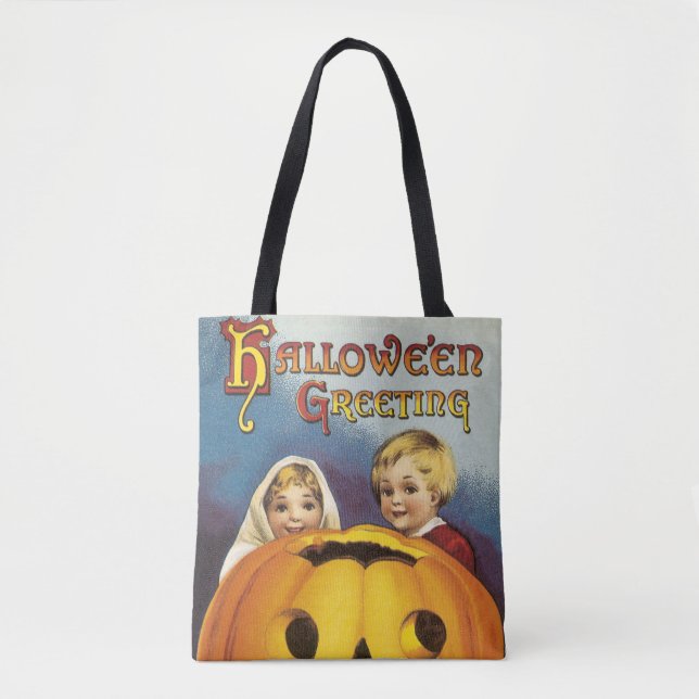 Bolsa Tote Antigos Halloween, Crianças e Abóbora (Frente)