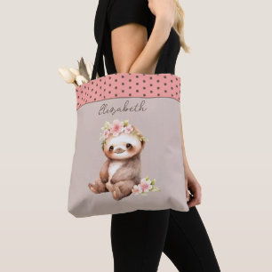Bolsa Tote Apelido de preguiça-branca bolinhas rosa