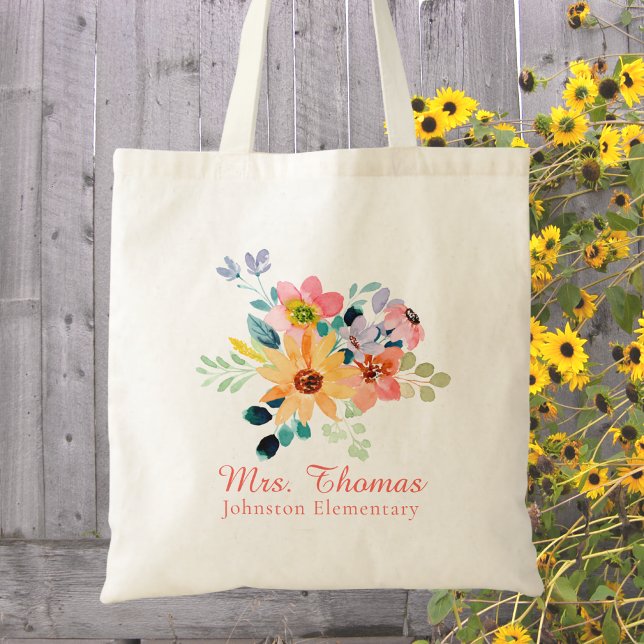 Bolsa Tote Apreciação do Professor Floral Moderno de Aquarela (Criador carregado)