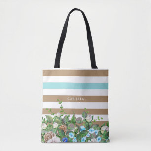 Bolsa Tote Aqua à moda e Tan florais e listras com nome