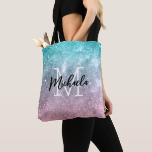 Bolsa Tote Aqua azul Rosa ombre mar galáxia abstrato Monogram
