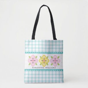 Bolsa Tote Aqua Buffalo Checks Xadrez Gingham Monogrammed