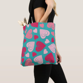 BOLSA TOTE AQUA COM CHEIAS DE CORAÇÕES DE NAMORADOS DE TINTA