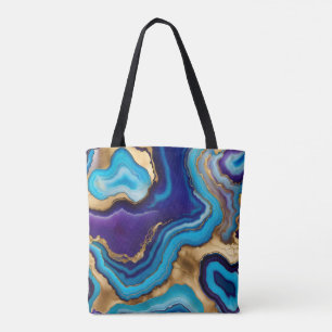 Bolsa Tote Aqua Dourada Azul Veias Púrpuras Agate