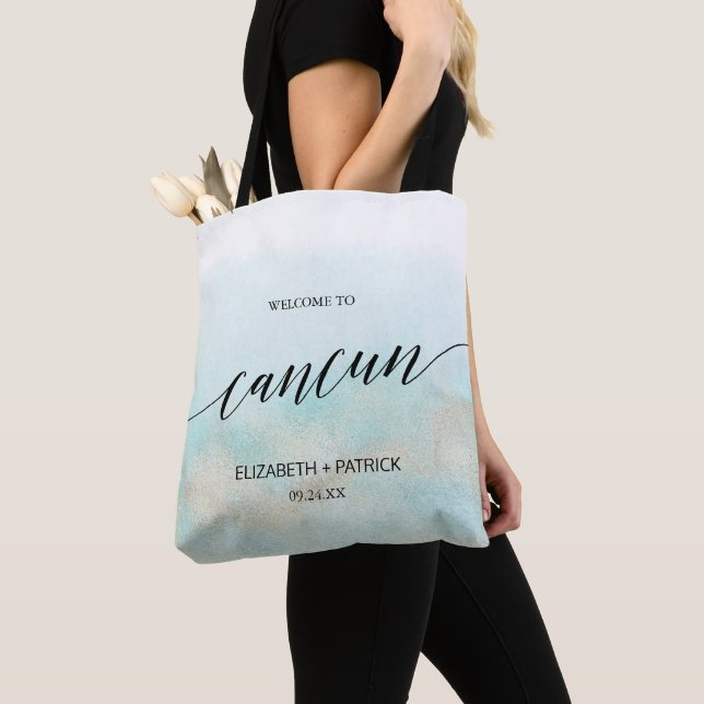 Bolsa Tote Aqua e Dourada Beach Cancun Wedding Welcome (Close Up)