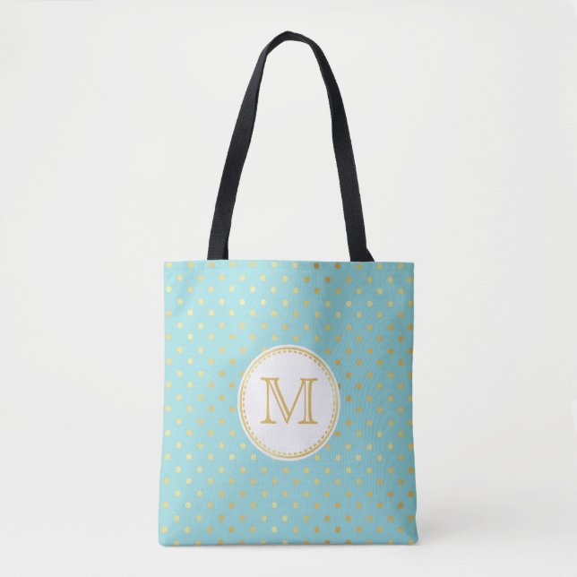 Bolsa Tote Aqua Elegante e Bolinhas Douradas com Monograma (Frente)