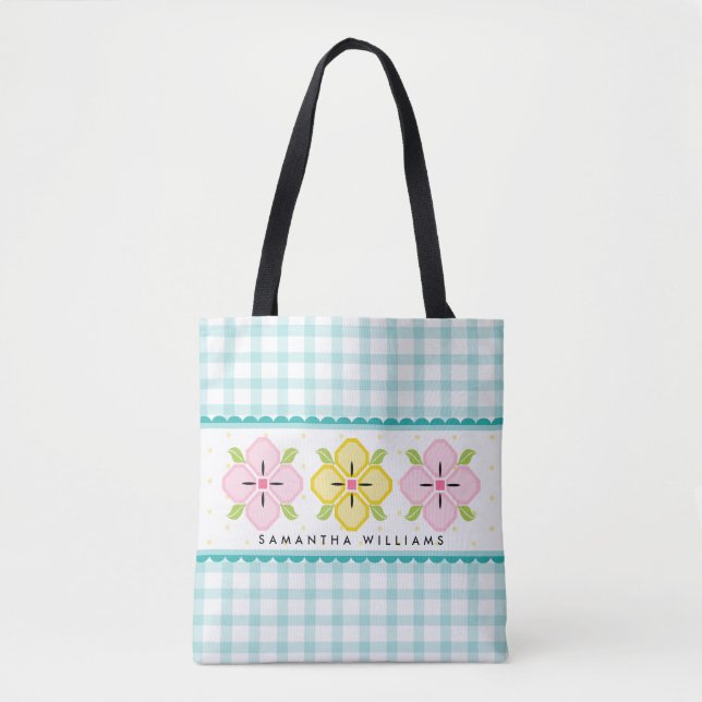 Bolsa Tote Aqua Gingham Floral Monogrammed (Frente)
