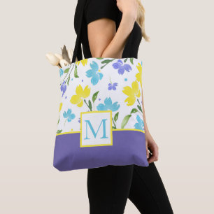 Bolsa Tote Aqua Periwinkle Yellow Watercolor Flower Stems