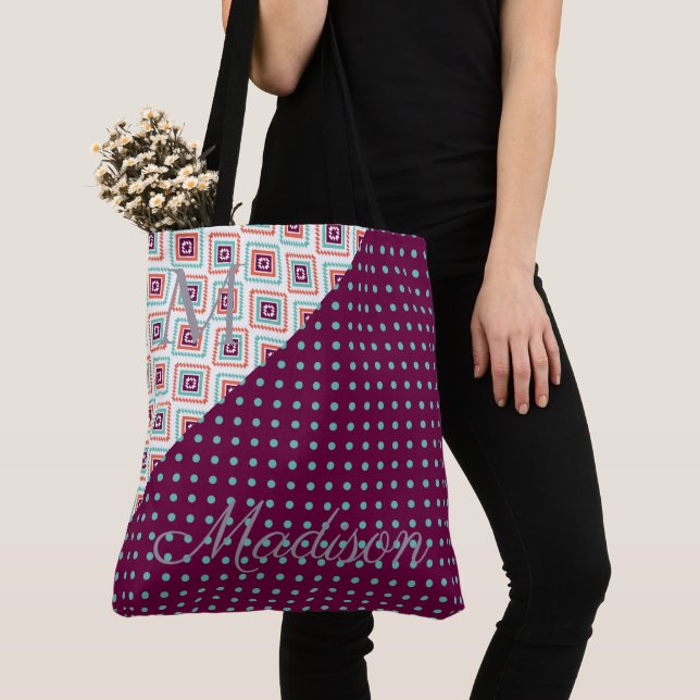 Bolsa Tote Aqua Purple Aztec Dots Trendy Girly Name Monograma (Close Up)