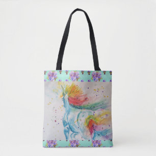 Bolsa Tote Aqua Rainbow Unicorn Watercolor Grocert Bag