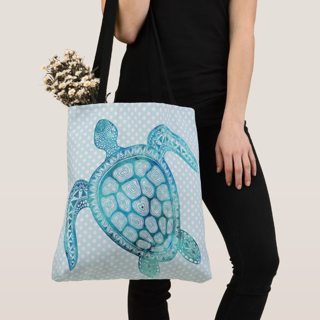 Bolsa Tote Aqua Sea Turtle em Bolinhas (Close Up)