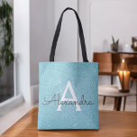 Bolsa Tote Aqua Teal Blue Sparkle Elegante Monograma Bag<br><div class="desc">Esmagamento Azul Azul-Gelo Aqua e Esfoladinho do Monograma Elegante Glitter. Esta Lista de Livros pode ser personalizada para incluir seu nome inicial e primeiro.</div>