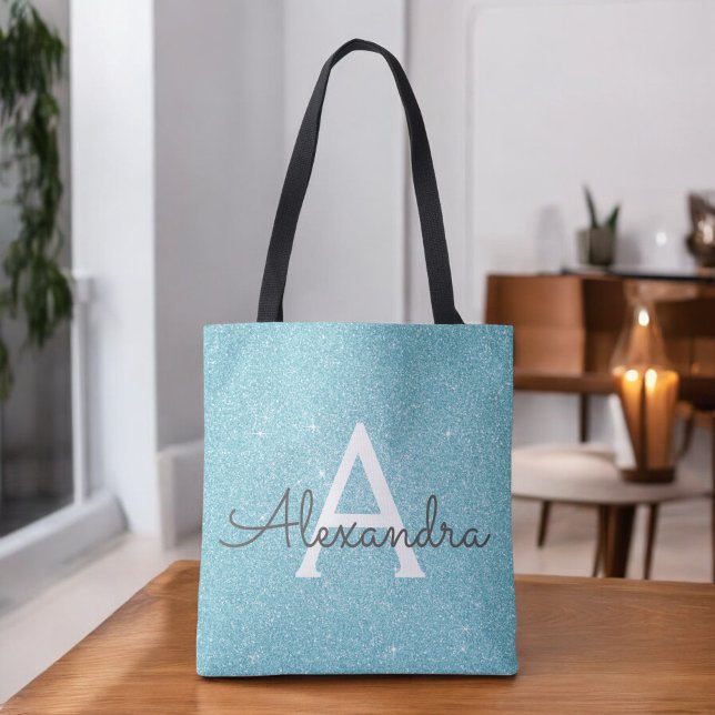 Bolsa Tote Aqua Teal Blue Sparkle Elegante Monograma Bag (Criador carregado)