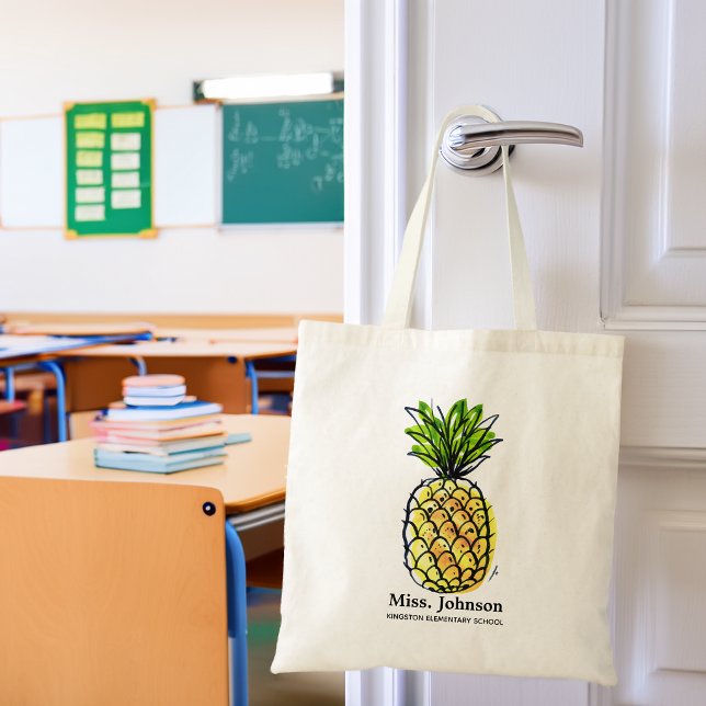 Bolsa Tote Aquarela Abacaxi Professor Personalizado (Watercolor Pineapple Personalized Teacher Tote Bag)