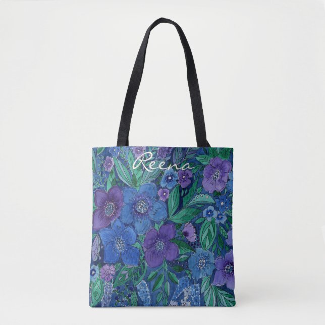 Bolsa Tote aquarela, azul e púrpura, anêmonas (Frente)
