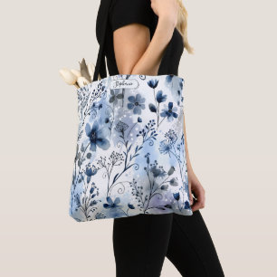 Bolsa Tote Aquarela Azul Floral Arejada Personalizada Diária