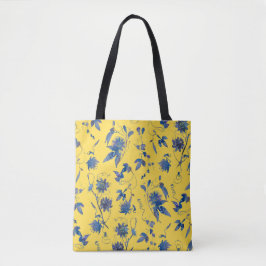 Bolsa Tote Aquarela Azul Passiflora em Amarelo Mostarda