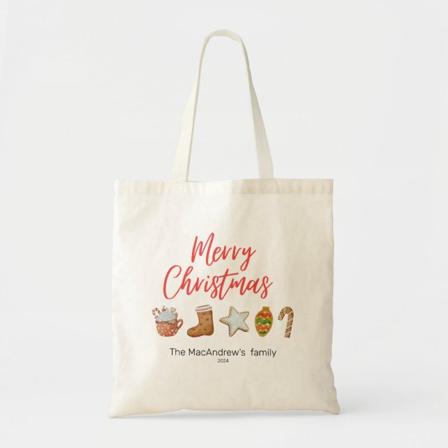 Bolsa Tote Aquarela Biscoito de Natal bebe canas doces (Frente)