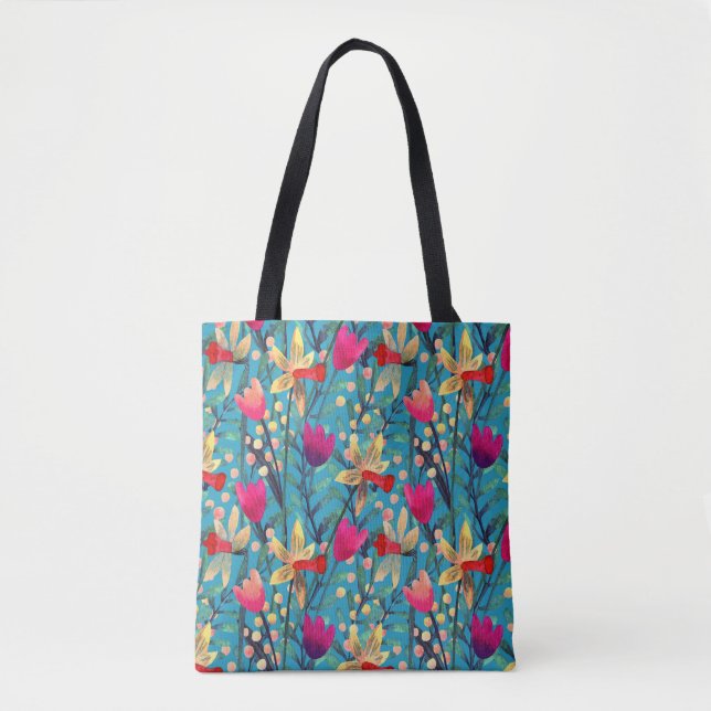 Bolsa Tote Aquarela Brilhante: Design Floral Sem Costura. (Frente)