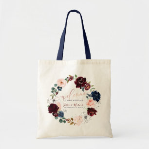 Bolsa Tote Aquarela Burgundy + Flores Rosadas Bem-vindo