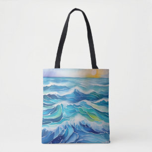 Bolsa Tote Aquarela das ondas do mar sob o sol