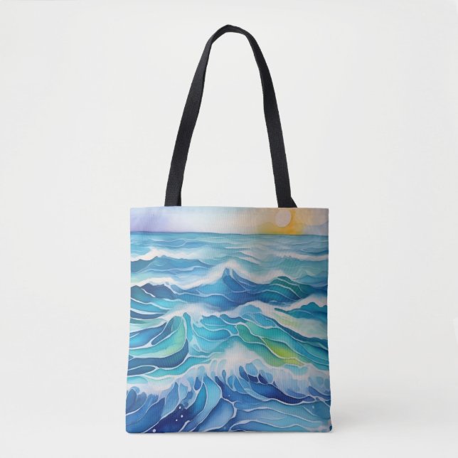 Bolsa Tote Aquarela das ondas do mar sob o sol (Frente)