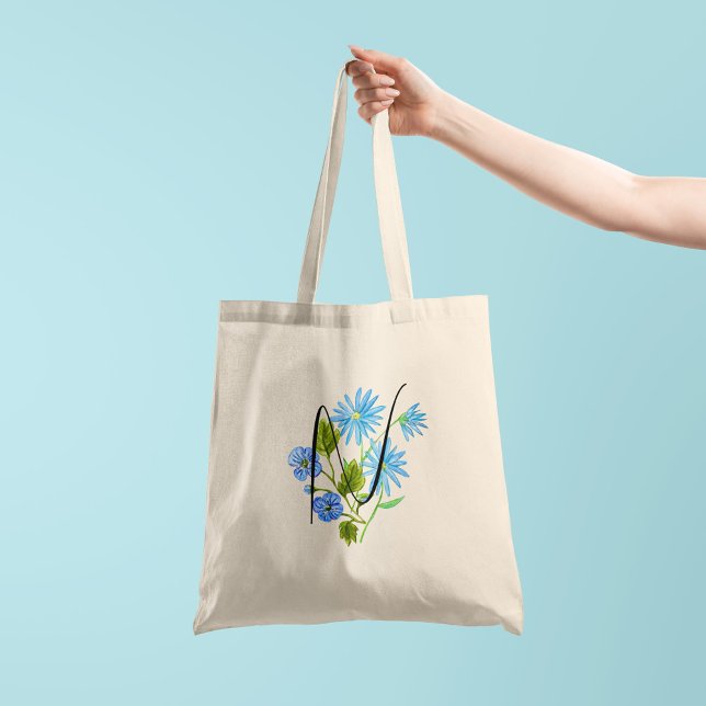 Bolsa Tote Aquarela de flor azul com sua inicial 1 lado (Criador carregado)