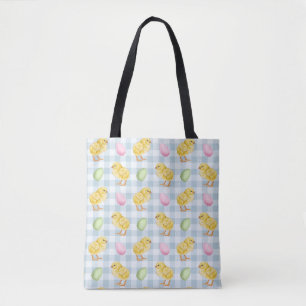 Bolsa Tote Aquarela de Frango e Ovos em Padrão Xadrez Azul
