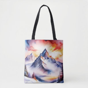 Bolsa Tote Aquarela de neve coberta de montanhas sob o céu ve