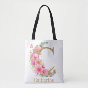 Bolsa Tote Aquarela Dourada e Monograma Floral com a Letra C