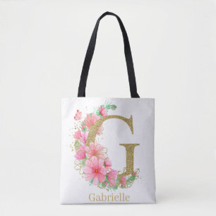 Bolsa Tote Aquarela Dourada e Monograma Floral Letra G